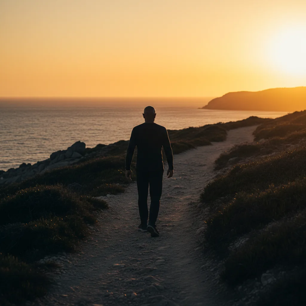 Anonymous mature man walking on a coastal path at golden hour, active men's wellbeing lifestyle