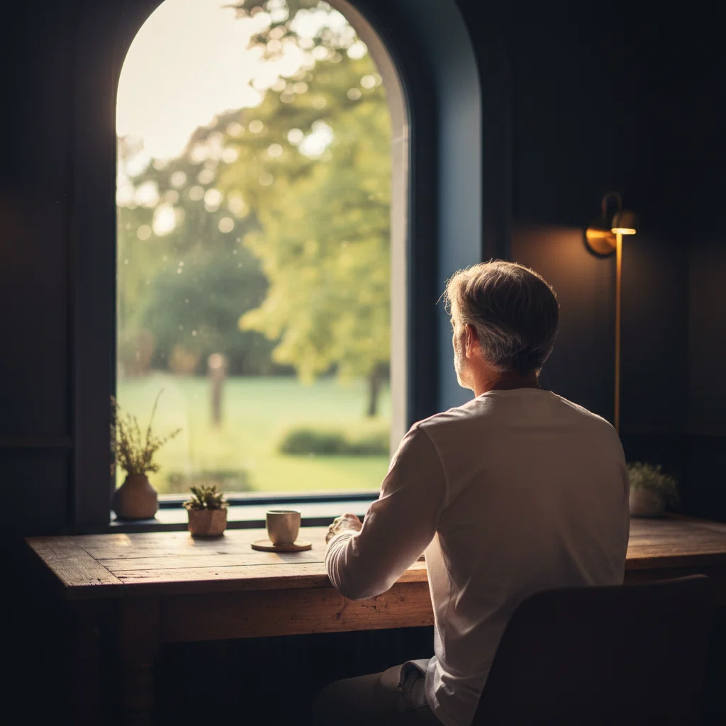 Anonymous man at a desk by a large window, relaxed morning routine