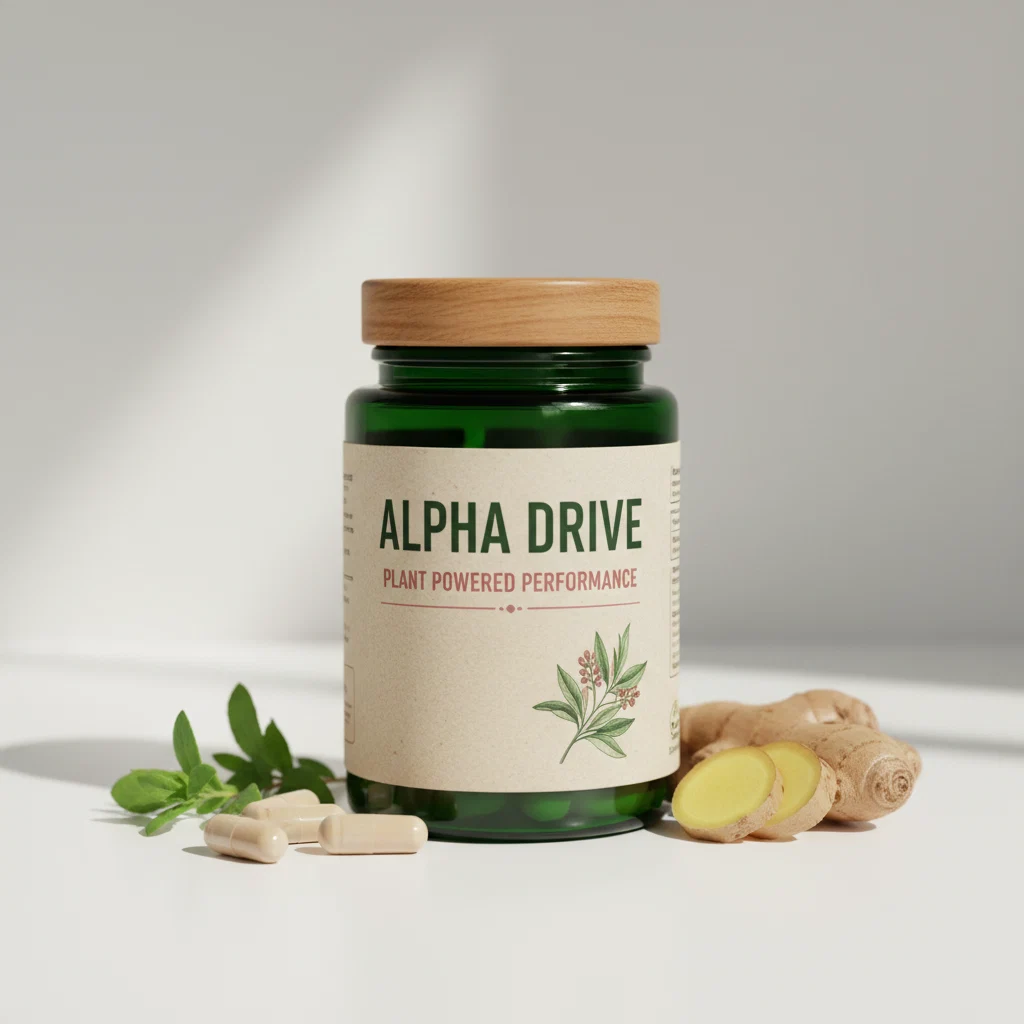 Alpha Drive dark navy supplement bottle with gold lettering